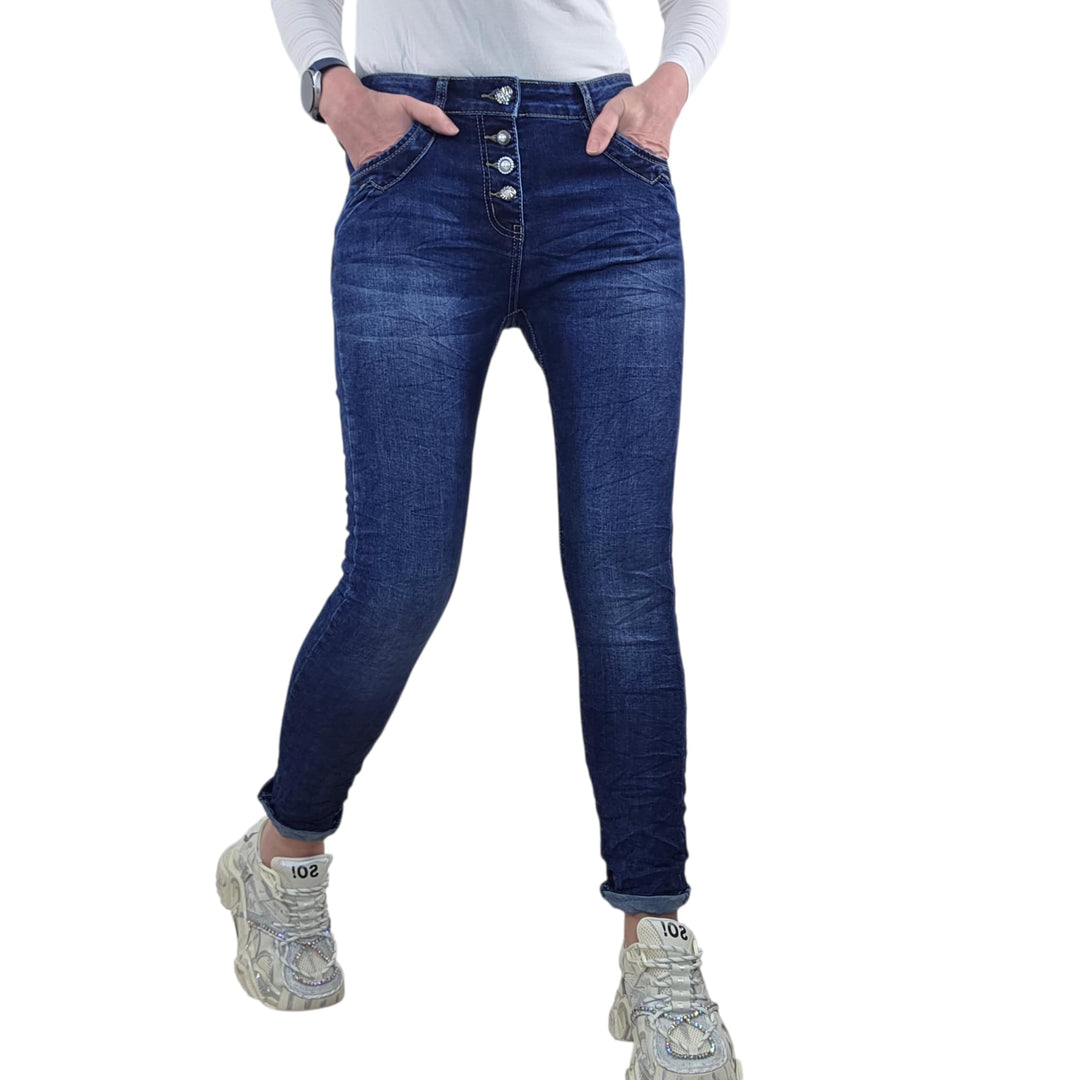 Jewelly Stretch Jeans| im Baggy Boyfriend Schnitt| Damen Hose mit dekorativer Knopfleiste| Perfekter