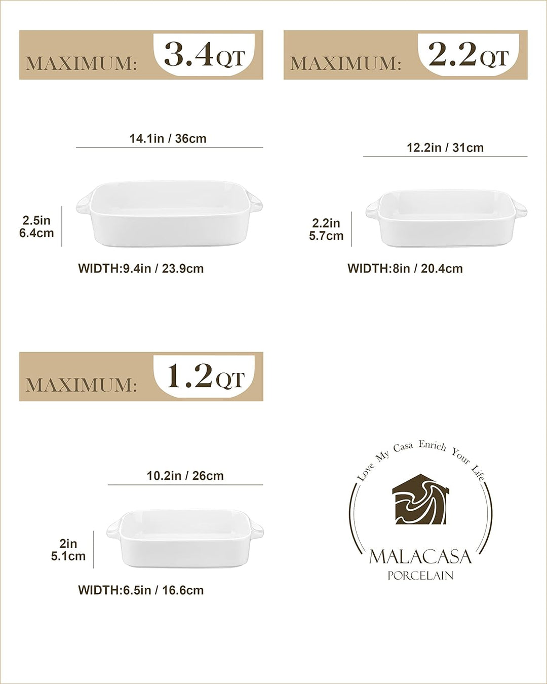 MALACASA, Serie Bake. Bake, 3 teilig Auflaufformen für den Ofen, Porzellan Backformen Set Durable Ca