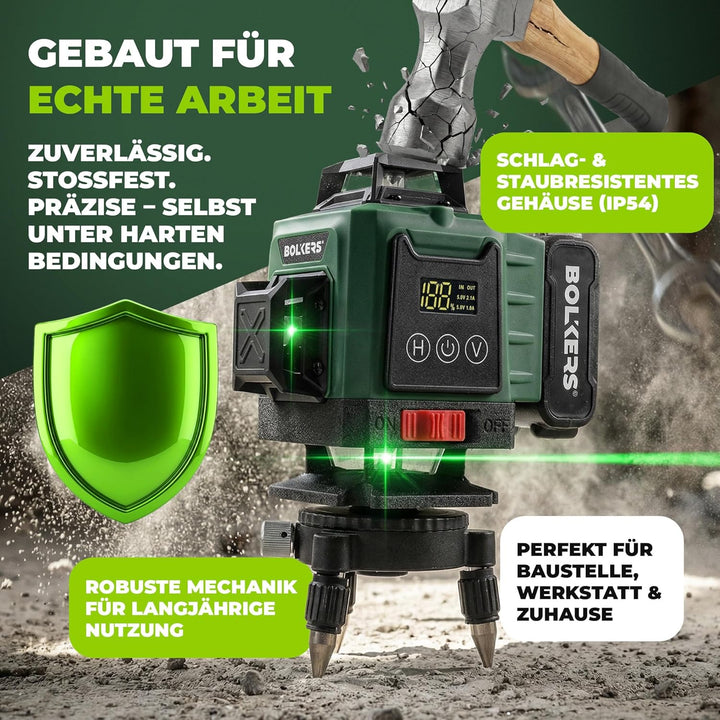 ProLaser 4x360° Kreuzlinienlaser mit Stativ – Grüner Selbstnivellierender Baulaser, 16 Linien, 2 Akk