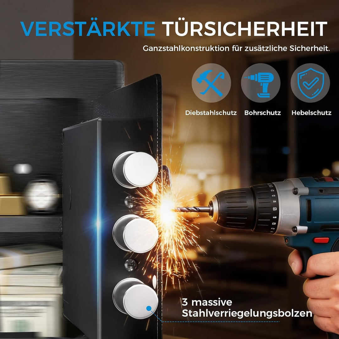 GTPLAYER Tresor für Zuhause, Feuerfester Wasserdichter Mini Sicherheitstresor mit Fingerabdruck, Zah