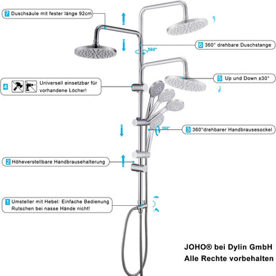 JOHO Regendusche Duschsystem ohne Duscharmatur, Edelstahl Duschset mit ABS Regenduschkopf Chrom Rund