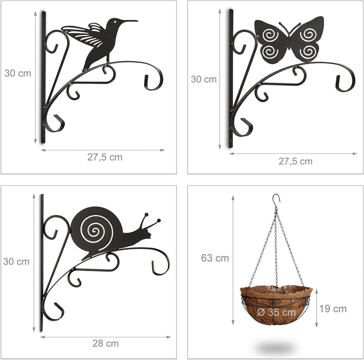 Relaxdays 6 TLG. Blumen Set, 3 Blumenhaken mit Tier-Motiven, Blumenampel, 3 Hängekörbe, Wandhaken, P