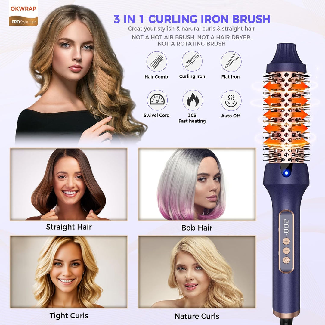 Thermal Brush, 3 en 1 Thermobürste Rundbürste, LED Hot Brush Rundbürste, Locken Bürste mit 120–200 ℃