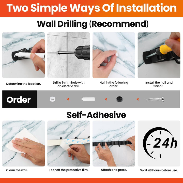 2 Stück Besenhalterung Wand, 10 Halter + 8 Haken Edelstahl Gerätehalter, Selbstklebend Gartengeräteh