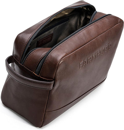 FARMHOOD Memphis Damen/Herren XL Leder Kulturbeutel | mit 2 Hauptfächern | Kosmetiktasche 30 cm Dark