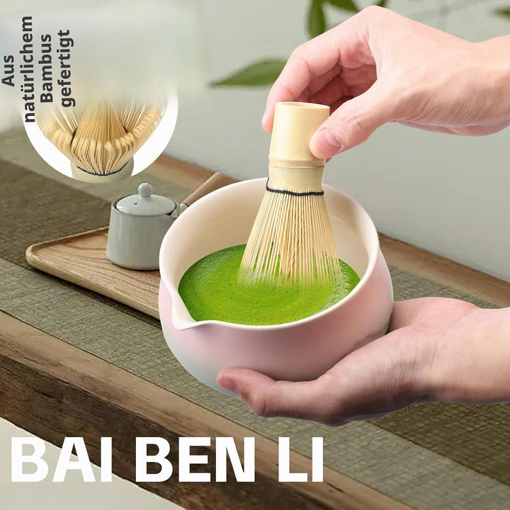 Matcha Set 7 teilig – Matcha Schale mit Ausgiesser, Matcha Besen (Chasen), Schaufel, Sieb, Besenhalt