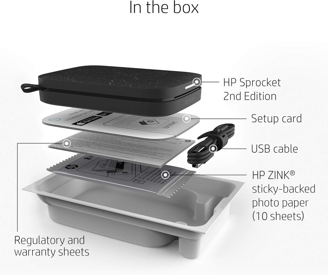 HP Sprocket Portable 2x3 Zoll Sofortbilddrucker (Schwarz) Zink-Papierbündel, Schwarz