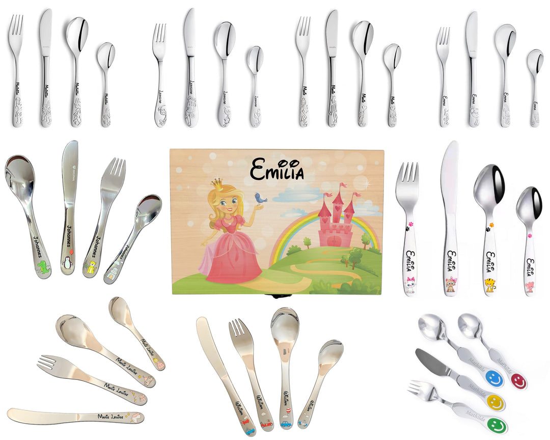 Kinderbesteck Set mit Gravur Name Geburtsdatum 4 teilig aus Edelstahl in edler Holz-Box (mit Motiv,