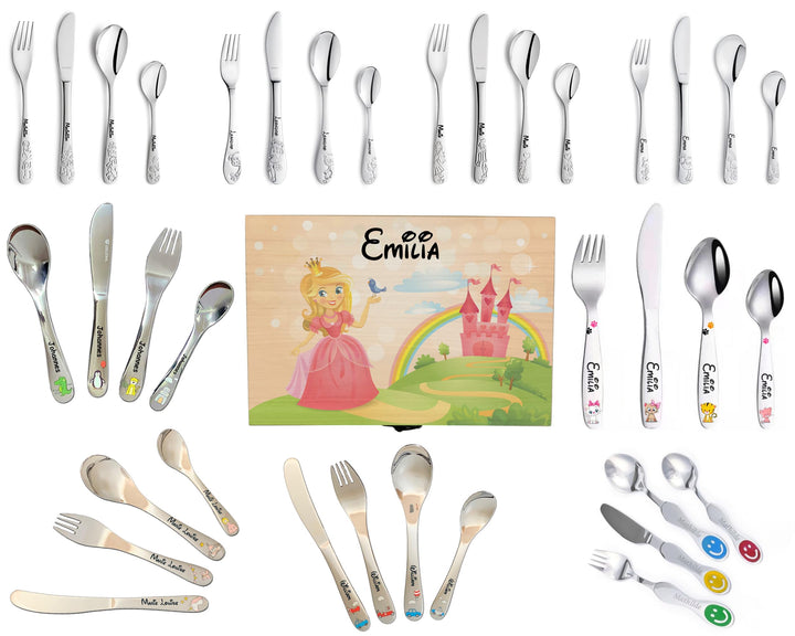Kinderbesteck Set mit Gravur Name Geburtsdatum 4 teilig aus Edelstahl in edler Holz-Box (mit Motiv,