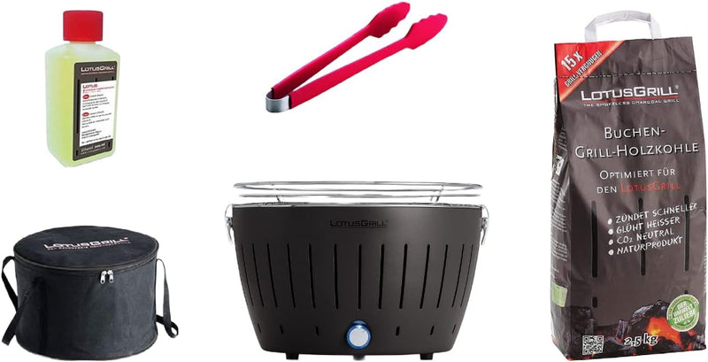 LotusGrill Starter-Set Classic 1x Grill Anthrazitgrau mit USB-Anschluss, 1x Buchenholzkohle 2,5 kg,