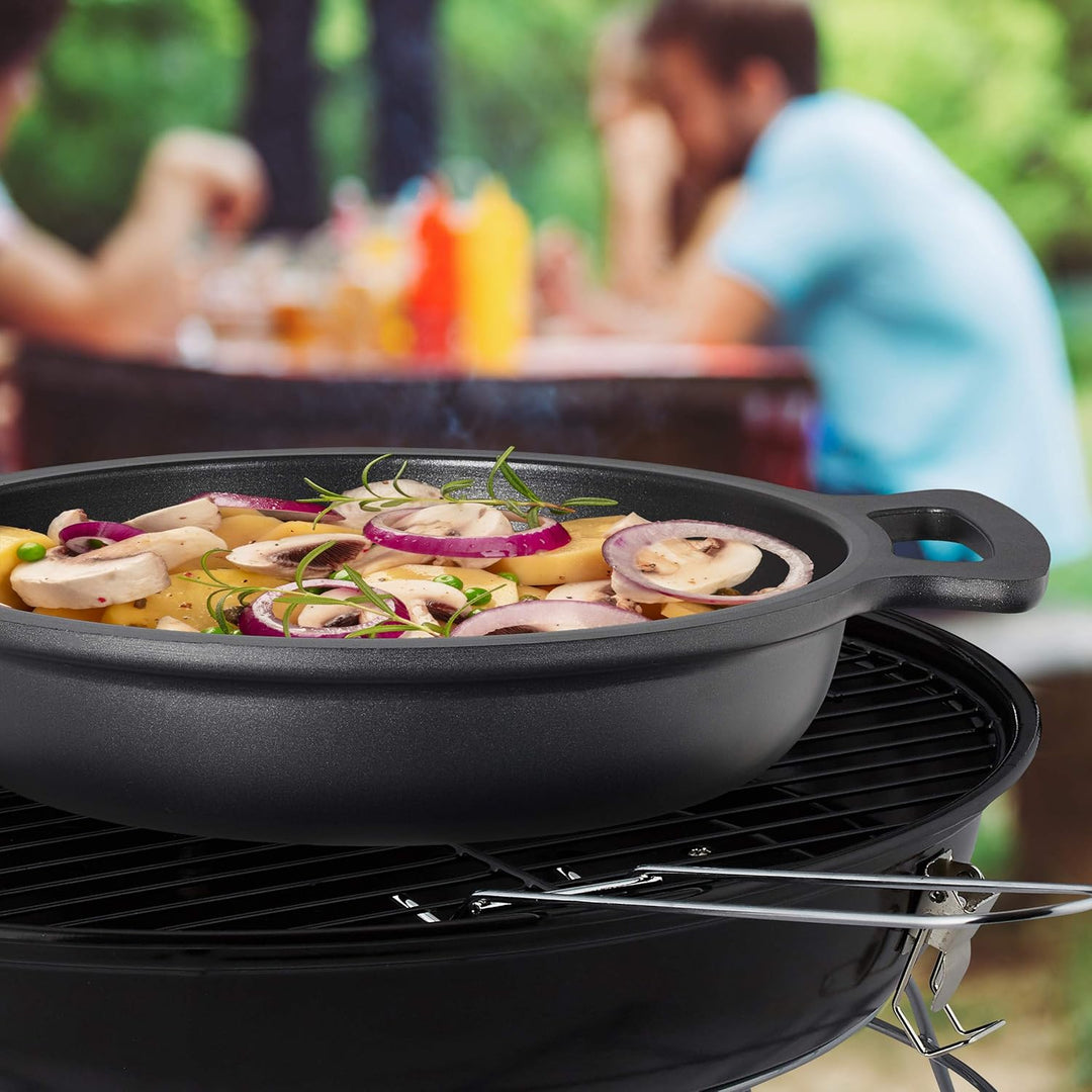 Relaxdays Servierpfanne, antihaftbeschichtet, mit Deckel, für Herd & Grill, Aluminium, Grillpfanne,