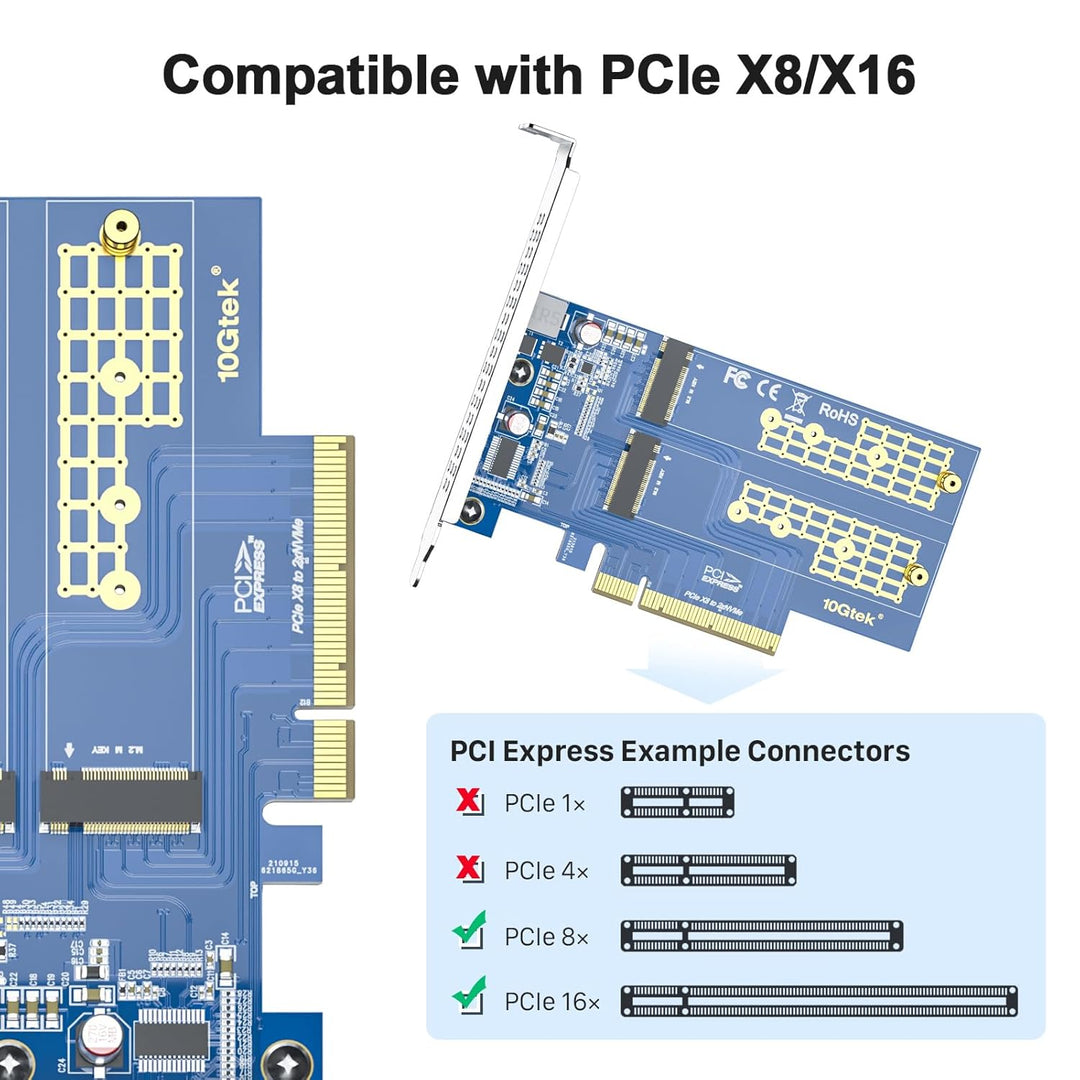 PCIe 3.0 to NVMe (2) M.2 Adapter for M.2 (M Key) SSD, PCIe X8, Requires Motherboard BIOS Support for
