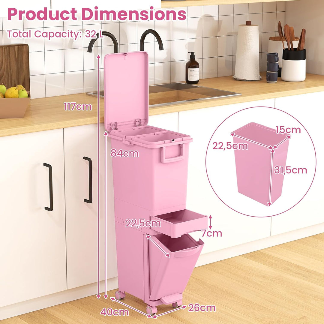 COSTWAY Mülleimer 3 Fächer, 32L Abfalleimer mit neigbarem Behälter, Schublade & Aufkleber, Tretmülle