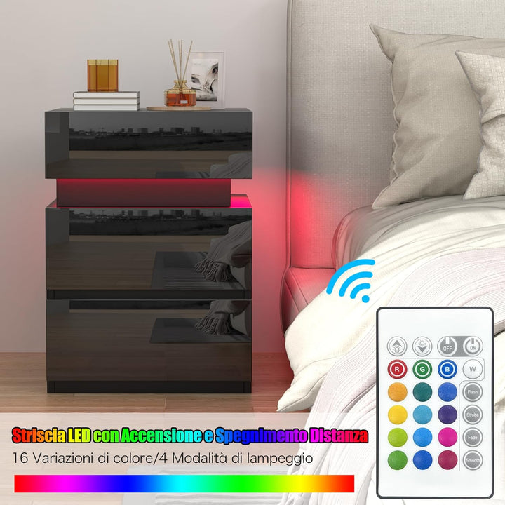 Lvhecforhm Schwarz Nachttisch mit 3 Schubladen, Nachttisch mit LED, Einstellbare Farben, Hochglanz L