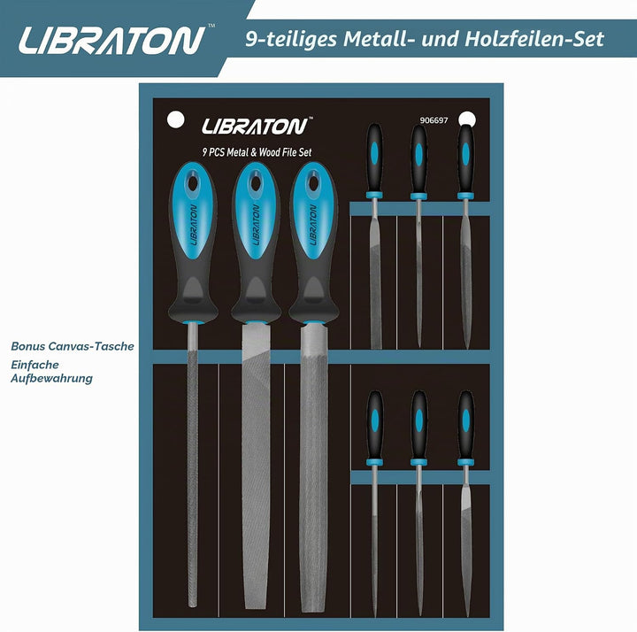 LIBRATON Feilen Set, Werkstattfeile Satz 9 tlg. Feilenset Metall Set Feilensatz inkl. Flachfeile Hal
