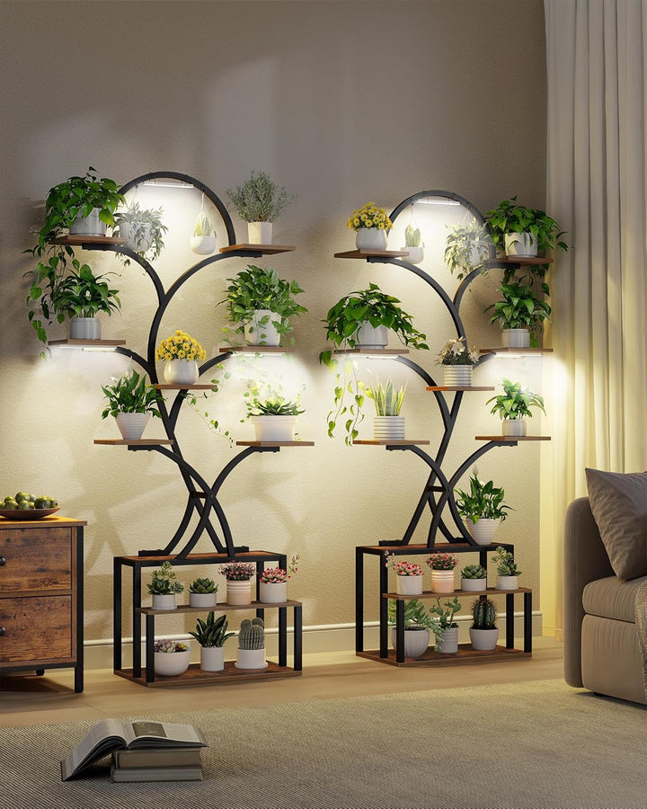 Hzuaneri Pflanzenständer mit Wachstumslicht, Metall-Holz-Pflanzenregal mit 10 Etagen und 3 LEDs, Gee