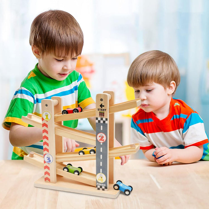 NUKied Kugelbahn Holz,Premium Holzspielzeug mit 4 Autos,Autorennbahn Holz Spielzeug für Jungen Gesch
