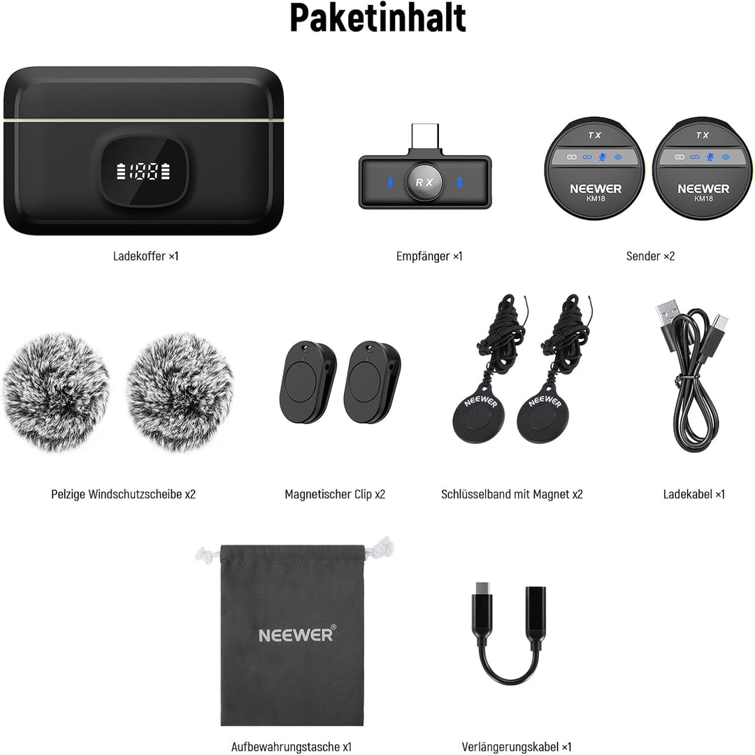 NEEWER Kabelloses Lavalier Mikrofon für iPhone Lärmunterdrückung Mini Ansteckmikrofon Set mit USB C