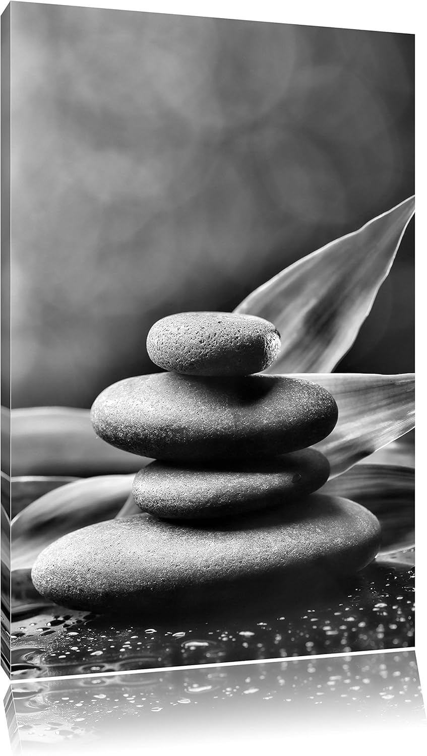 Pixxprint Monocrome, Zen Steine mit Blättern, Format: 100x70 auf Leinwand, 100x70