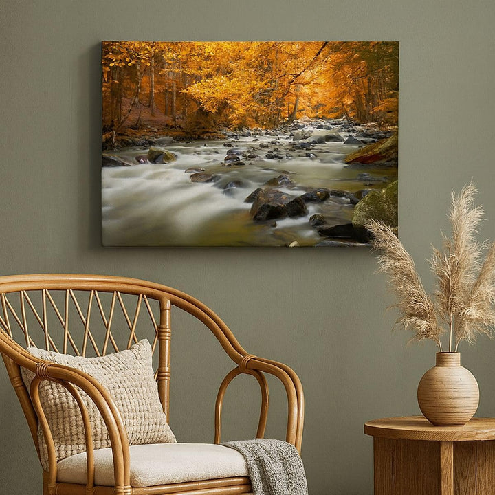 Bilder auf Leinwand 100x70cm Leinwandbild Stream Herbst Forrest Berg Gross Wanddeko Bild Schlafzimme