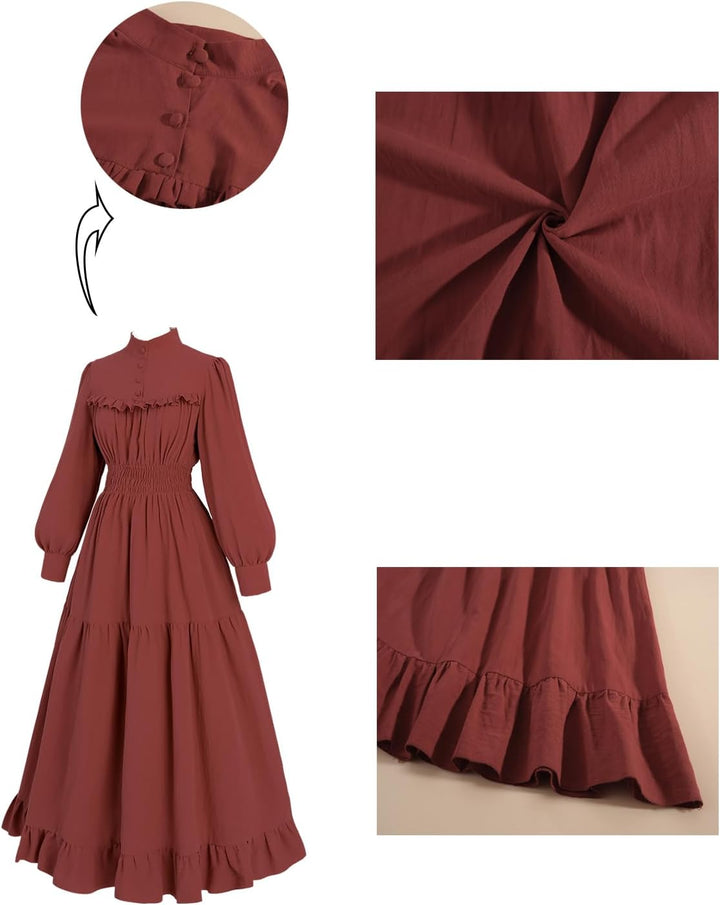 CR ROLECOS Mittelalter Kleidung Damen Viktorianisches Kleid Langarm A-Linie Vintage Edwardianisches