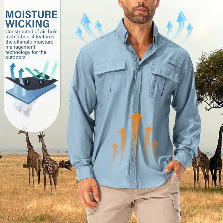 Asfixiado Hemd Herren Safari UPF50+ UV Schutz Wanderhemd Herren Langarm Funktionshemd Outdoorhemd At