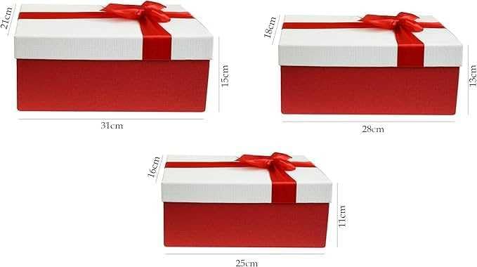 Emartbuy Set Mit 3 Starre Geschenkbox, Red Box Mit Sahne Deckel, Braunen Und Roten Schleife Rechteck