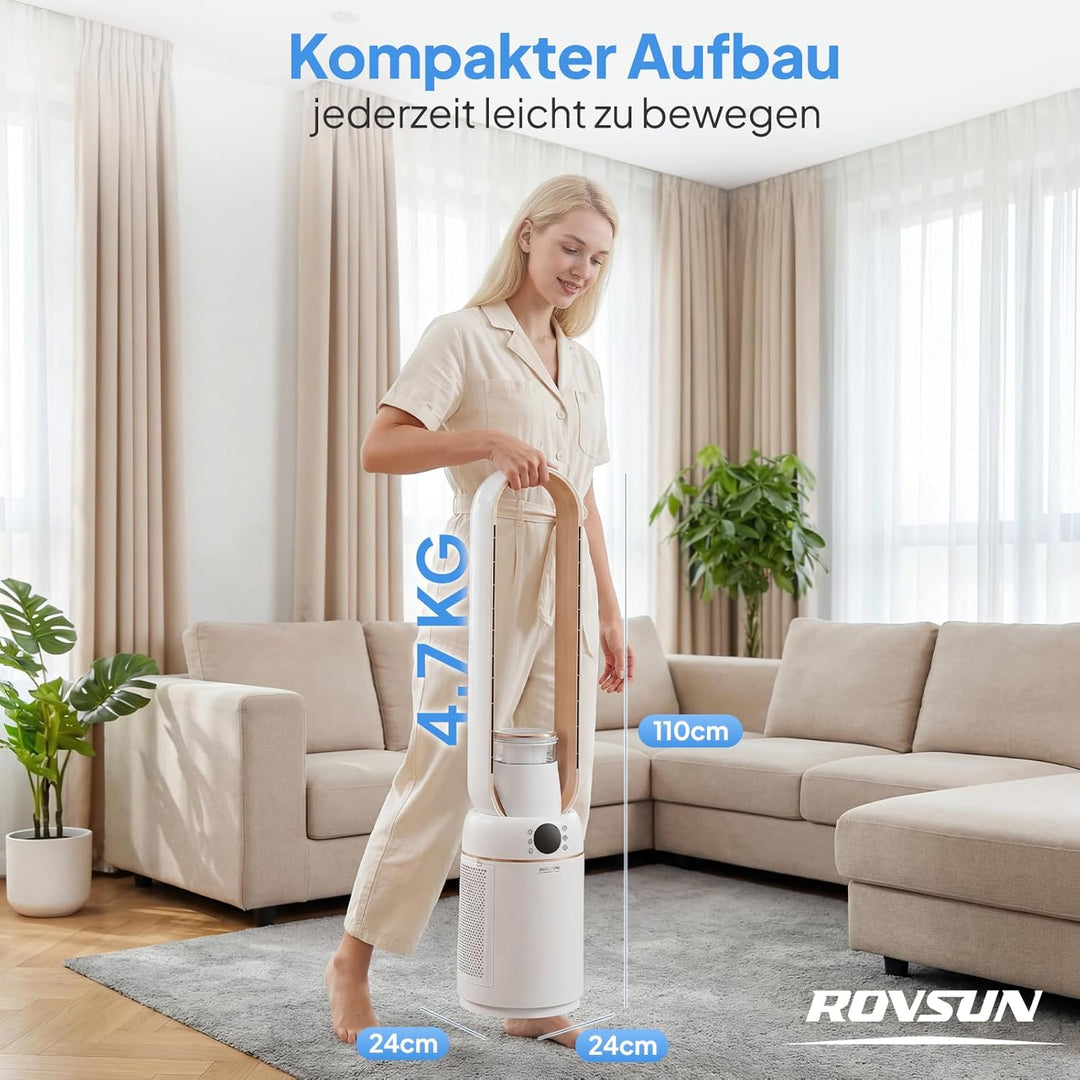 ROVSUN 4 in 1 Blattloser Turmventilator sehr Leise 25-50dB, Turmventilator 50 W mit 15H-Timer & Fern