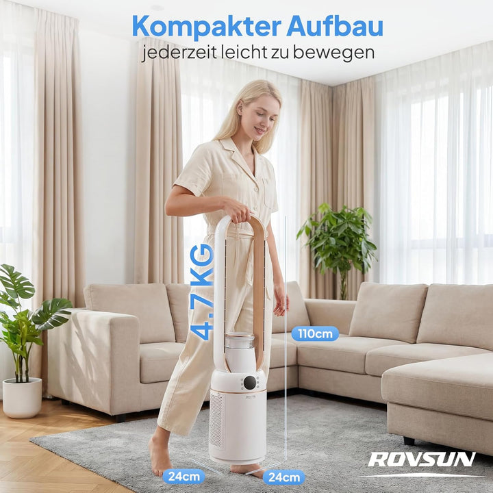 ROVSUN 4 in 1 Blattloser Turmventilator sehr Leise 25-50dB, Turmventilator 50 W mit 15H-Timer & Fern