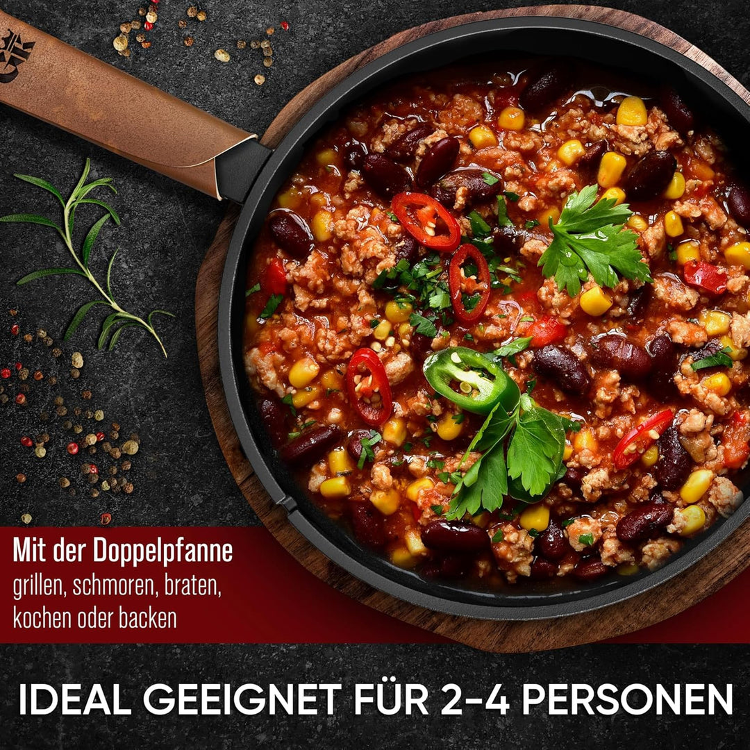 Dutch Oven - 2in1 Eingebrannter Gusseisen Topf 3L & Gusspfanne 1,5L-Cast Iron Pot mit Schmortopf Dop