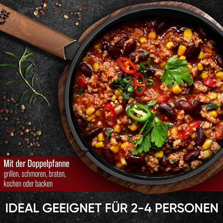 Dutch Oven - 2in1 Eingebrannter Gusseisen Topf 3L & Gusspfanne 1,5L-Cast Iron Pot mit Schmortopf Dop
