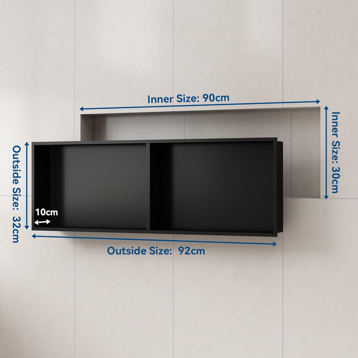 Schwarze Dusch-Wandnische aus Stahl, Badezimmer-Einbaunische 90 × 30 × 10 cm, Rostfrei, Einfache Mon