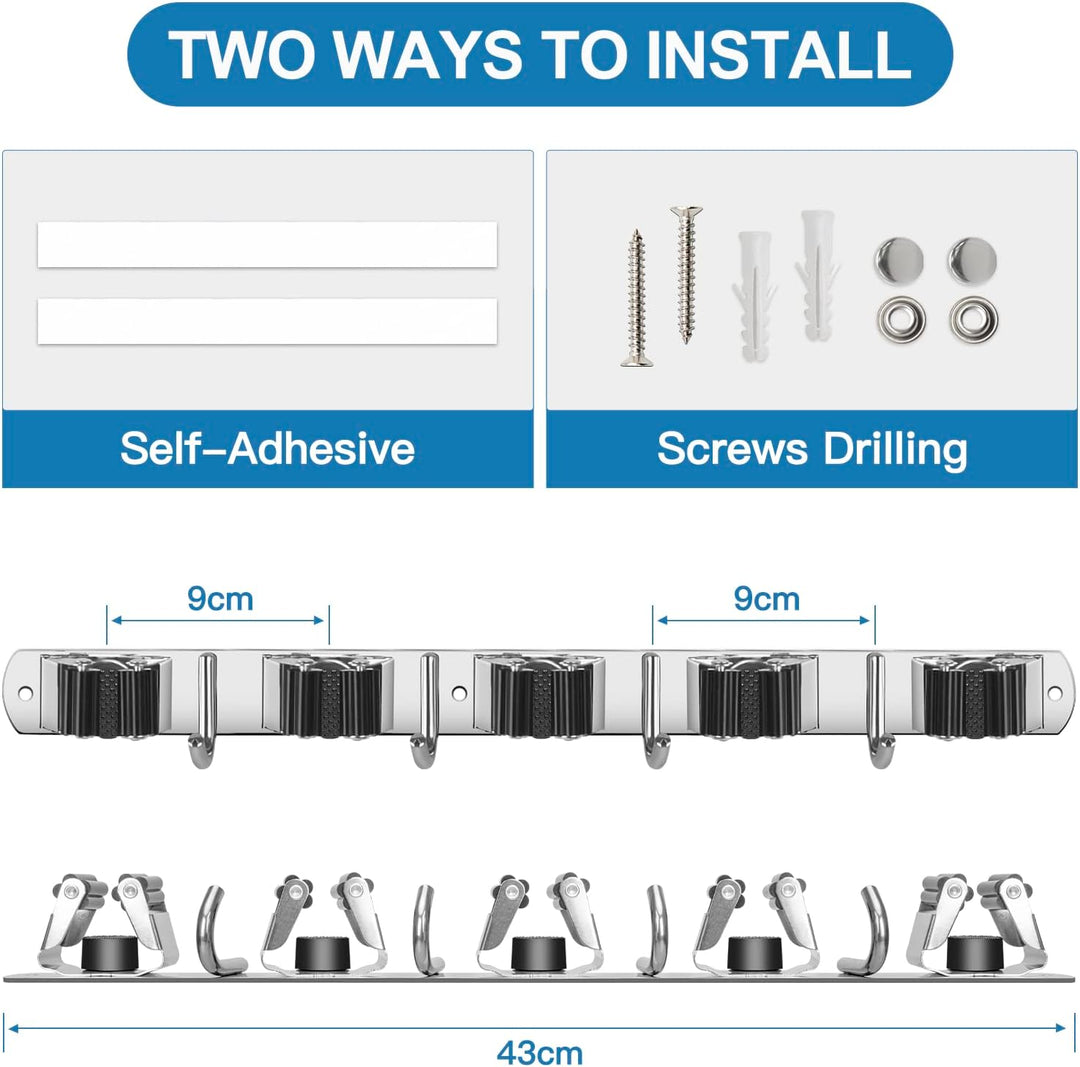 ibell 2 Stück Besenhalterung Wand, 10 Halter + 8 Haken Gerätehalter Edelstahl Selbstklebend, Garteng