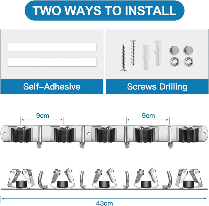 ibell 2 Stück Besenhalterung Wand, 10 Halter + 8 Haken Gerätehalter Edelstahl Selbstklebend, Garteng