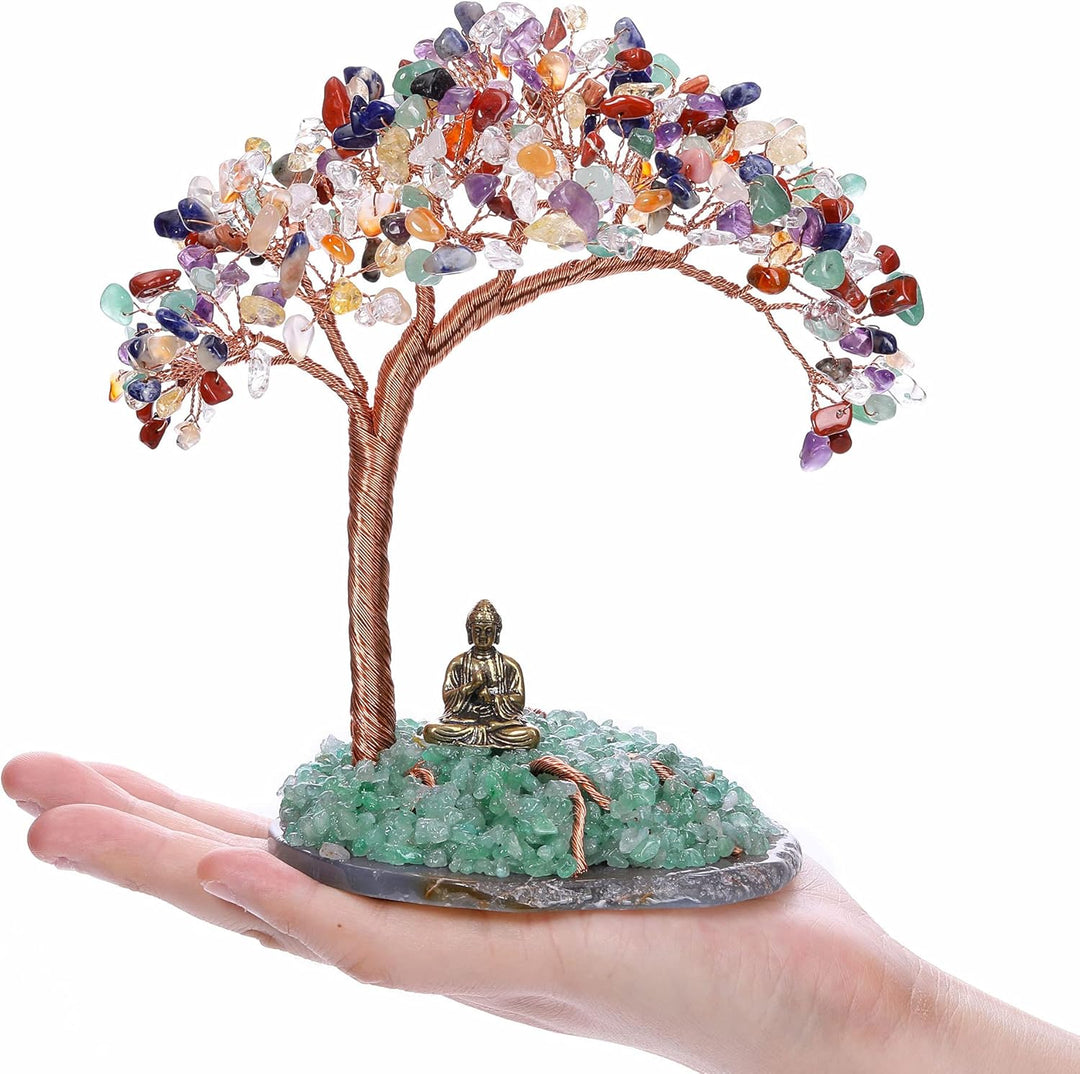 GEHECRST Feng Shui Geldbaum Buddha Figur Lebensbaum Deko mit Achat Basis Heilstein Glücksbringer Bau