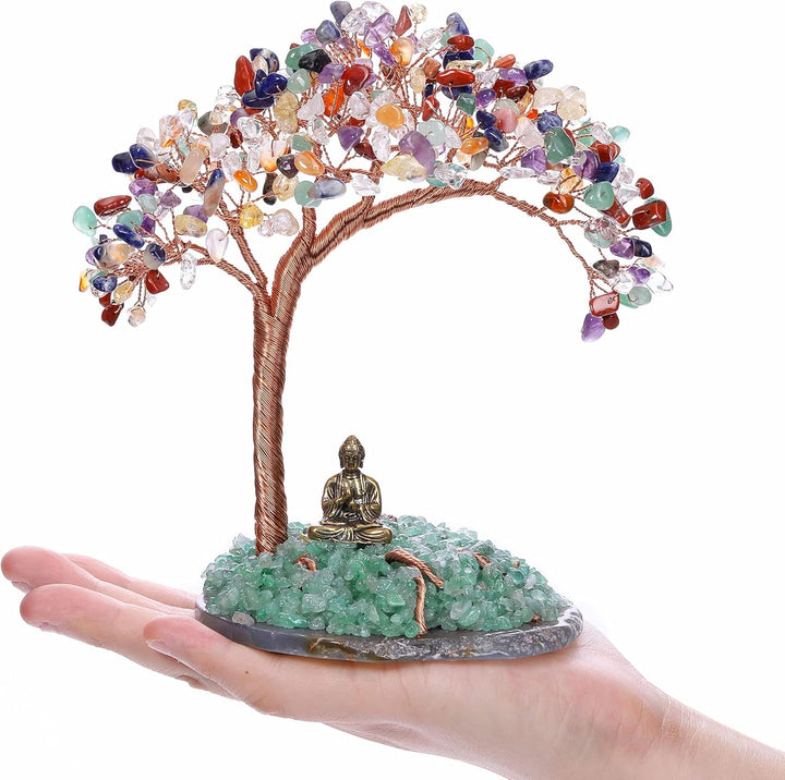 GEHECRST Feng Shui Geldbaum Buddha Figur Lebensbaum Deko mit Achat Basis Heilstein Glücksbringer Bau