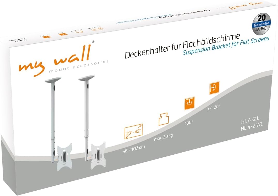 mywall HL4-2WL höhenverstellbare Deckenhalterung für Flachbildschirme, 23-42 Zoll (58-107cm), bis 30