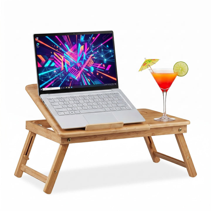 Relaxdays, Natur Höhenverstellbarer Laptoptisch fürs Bett, Bambus Notebooktisch m. Schublade, HxBxT: