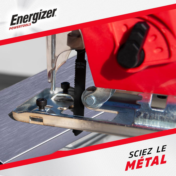 Energizer – Akku-Stichsäge 20 Volt – 2300 OPM, Schnitt in Holz 80 mm/Metall 6 mm – Inklusive 2 Akkus