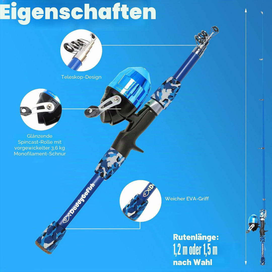 DaddyGoFish Kinder Angelset - Teleskoprute &amp; Rolle Combo mit Klappstuhl, Rutenhalter, Tackle Box, Kö