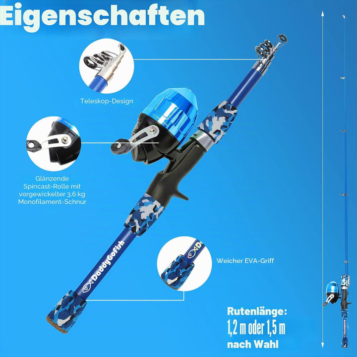 DaddyGoFish Kinder Angelset - Teleskoprute &amp; Rolle Combo mit Klappstuhl, Rutenhalter, Tackle Box, Kö
