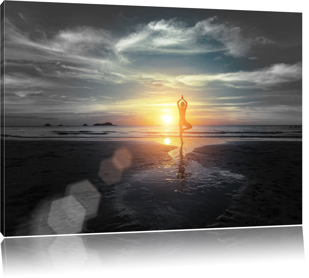 Pixxprint Yoga Silhouette am Strand als Leinwandbild/Grösse: 100x70 cm/Wandbild/Kunstdruck/fertig be