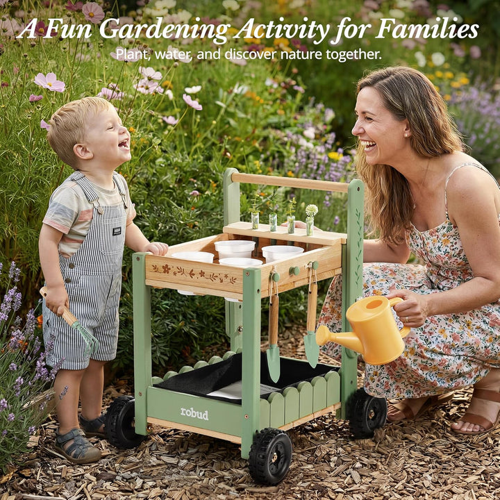 ROBUD Kinder Gartengeräte mit Holzwagen, Gartenwerkzeug mit Giesskanne, Schaufel, Handrechen, Pflanz