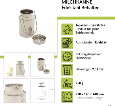 Milchkanne Edelstahl 3l für Milch Kaffee Sossen Esszimmer Küche B:16 cm mit Steckdeckel Tragebügel K