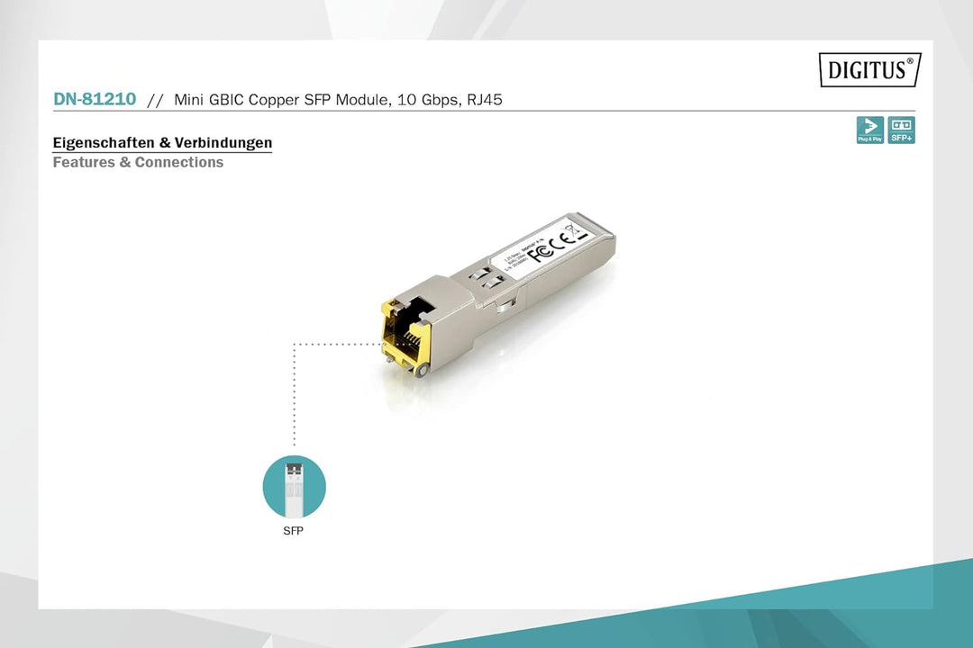 DIGITUS Gigabit SFP+ Modul für Cat 6A Kupfer Patchkabel, Mini GBIC, RJ45 Buchse, 10GBaseT, 100 Meter