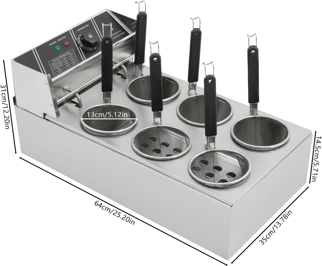 Elektrischer Nudelkocher 20L 3200W Edelstahl | 6 Körbe, Temperaturregelung 60-200°C, Profi Pastakoch