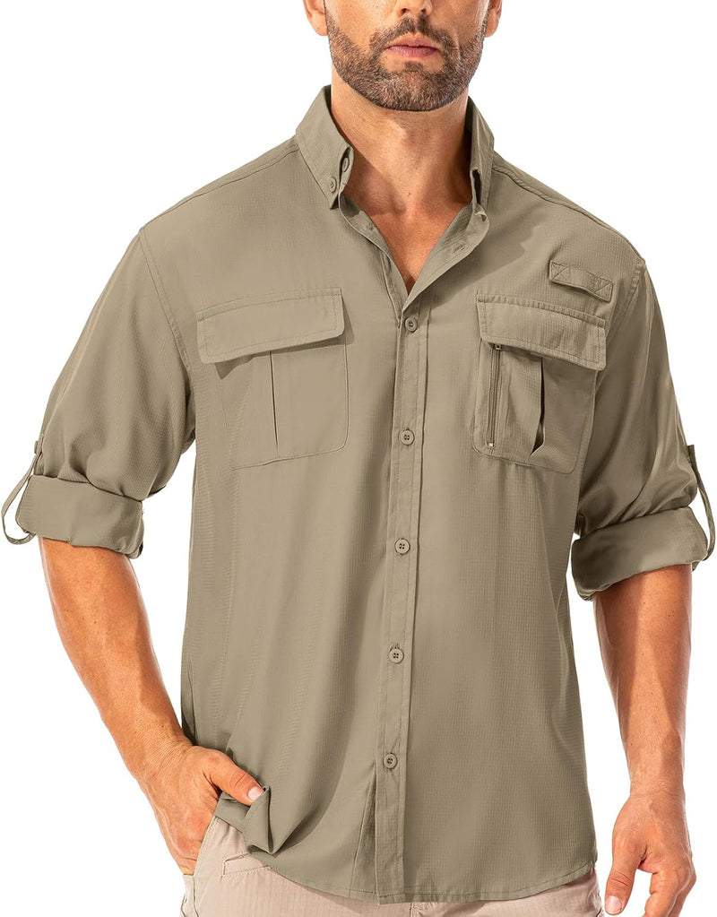 Asfixiado Hemd Herren Safari UPF50+ UV Schutz Wanderhemd Herren Langarm Funktionshemd Outdoorhemd At