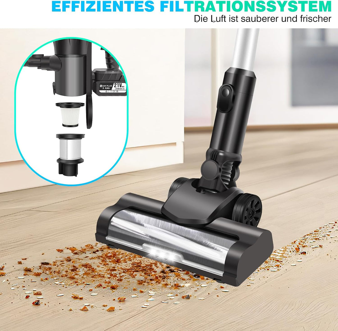 21V, Kabelloser Staubsauger 140W/20KPa Vacuum Cleaner Handstaubsauger Akku, 2 Saugmodi, LED Bodenbür