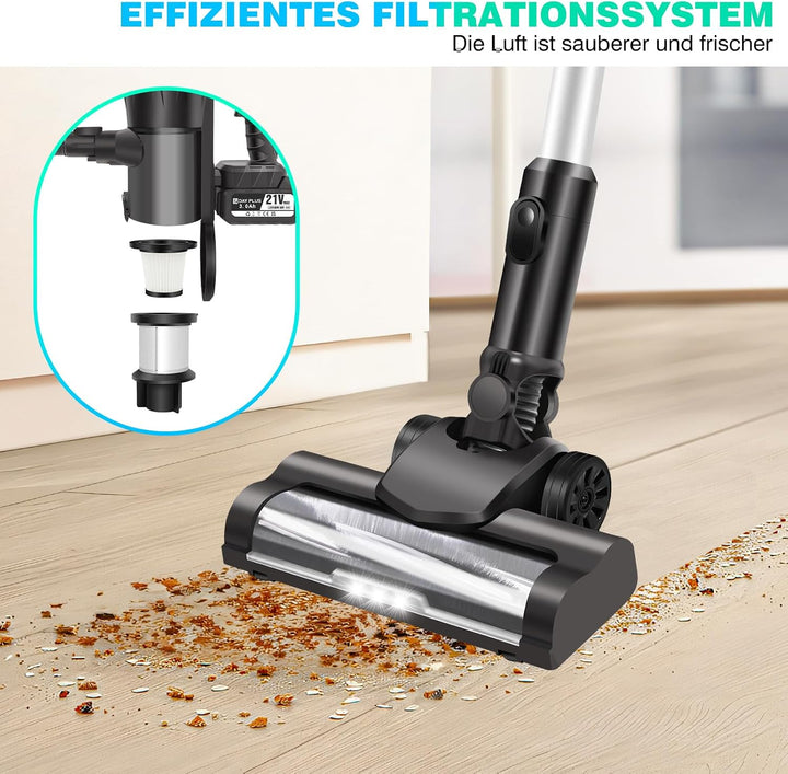 21V, Kabelloser Staubsauger 140W/20KPa Vacuum Cleaner Handstaubsauger Akku, 2 Saugmodi, LED Bodenbür