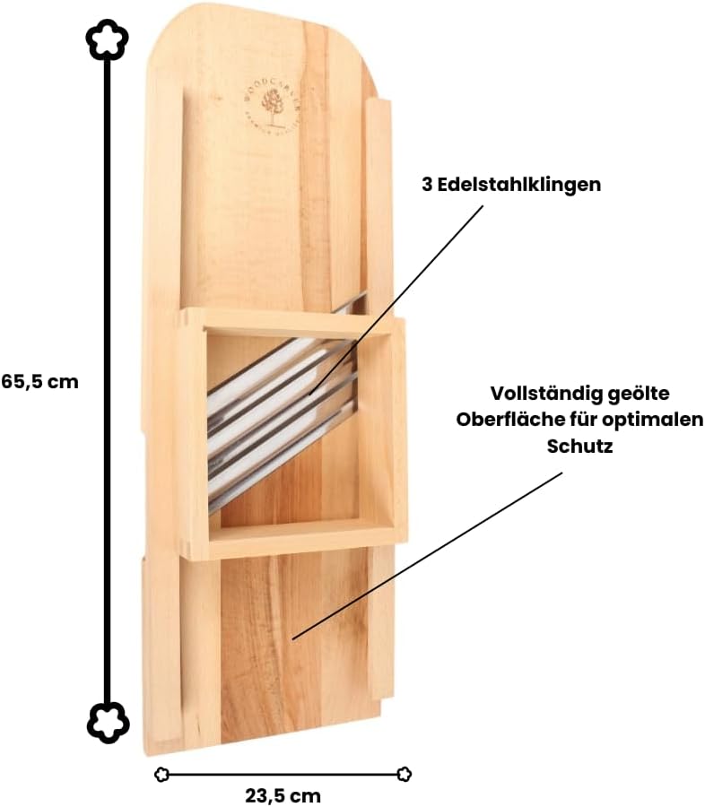 Woodcarver Krauthobel Holz – 3 Klingen aus Edelstahl – Gemüsehobel manuell aus geöltem Buchenholz –